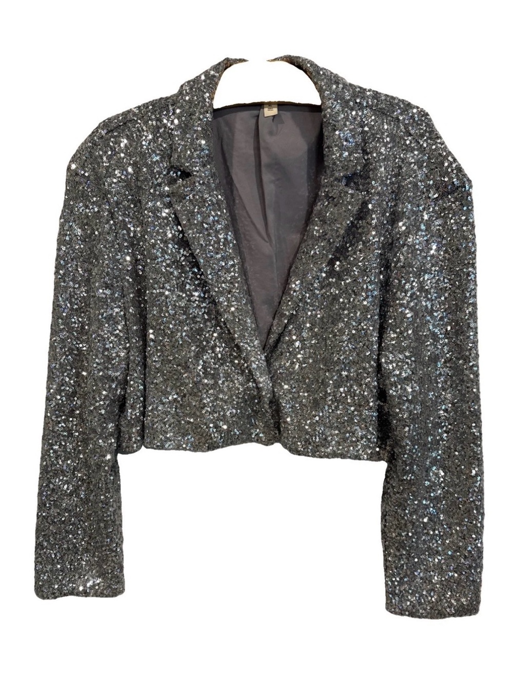 Open Edit Cropped Sequin Blazer Jacket - Silver